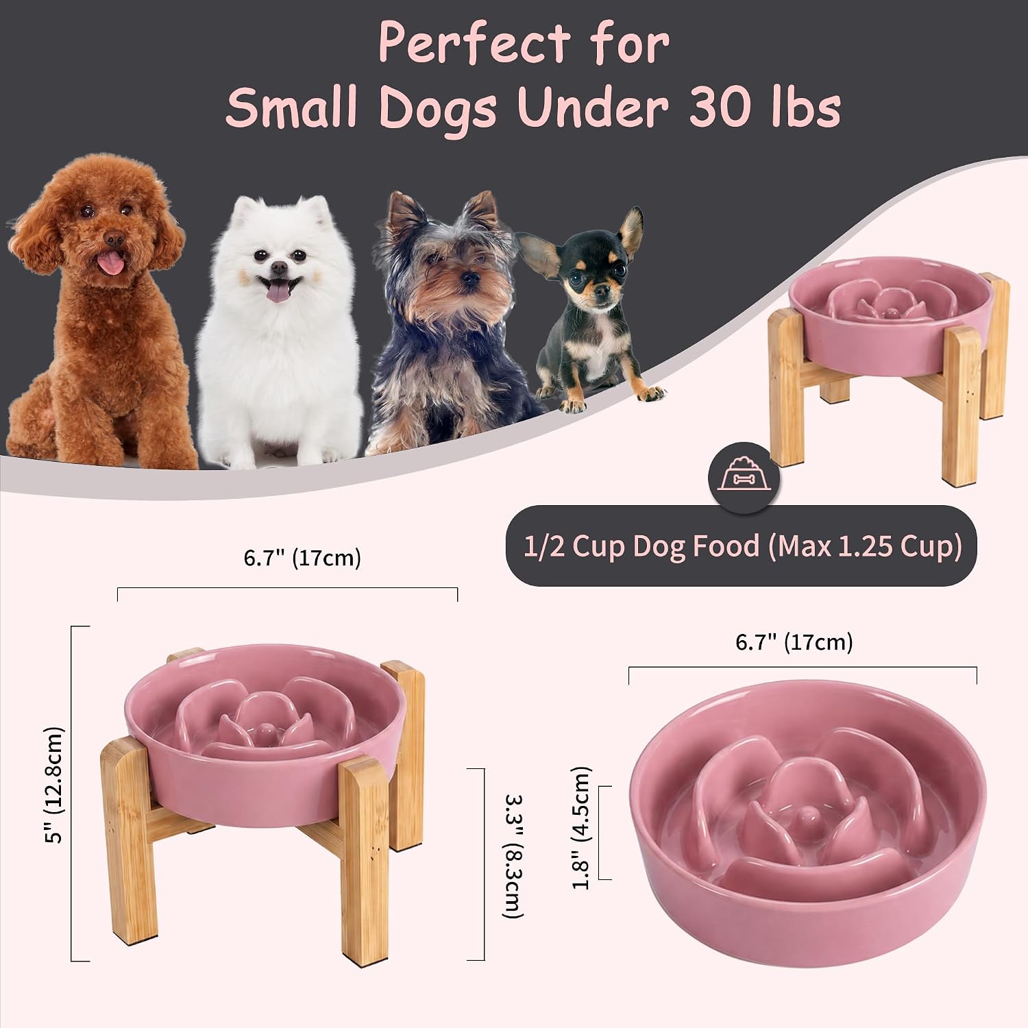 Elevated Slow Feeder Dog Bowl - Ceramic Maze Food Dish with Bamboo Stand - Raised Feeding Bowl for Fast Eaters