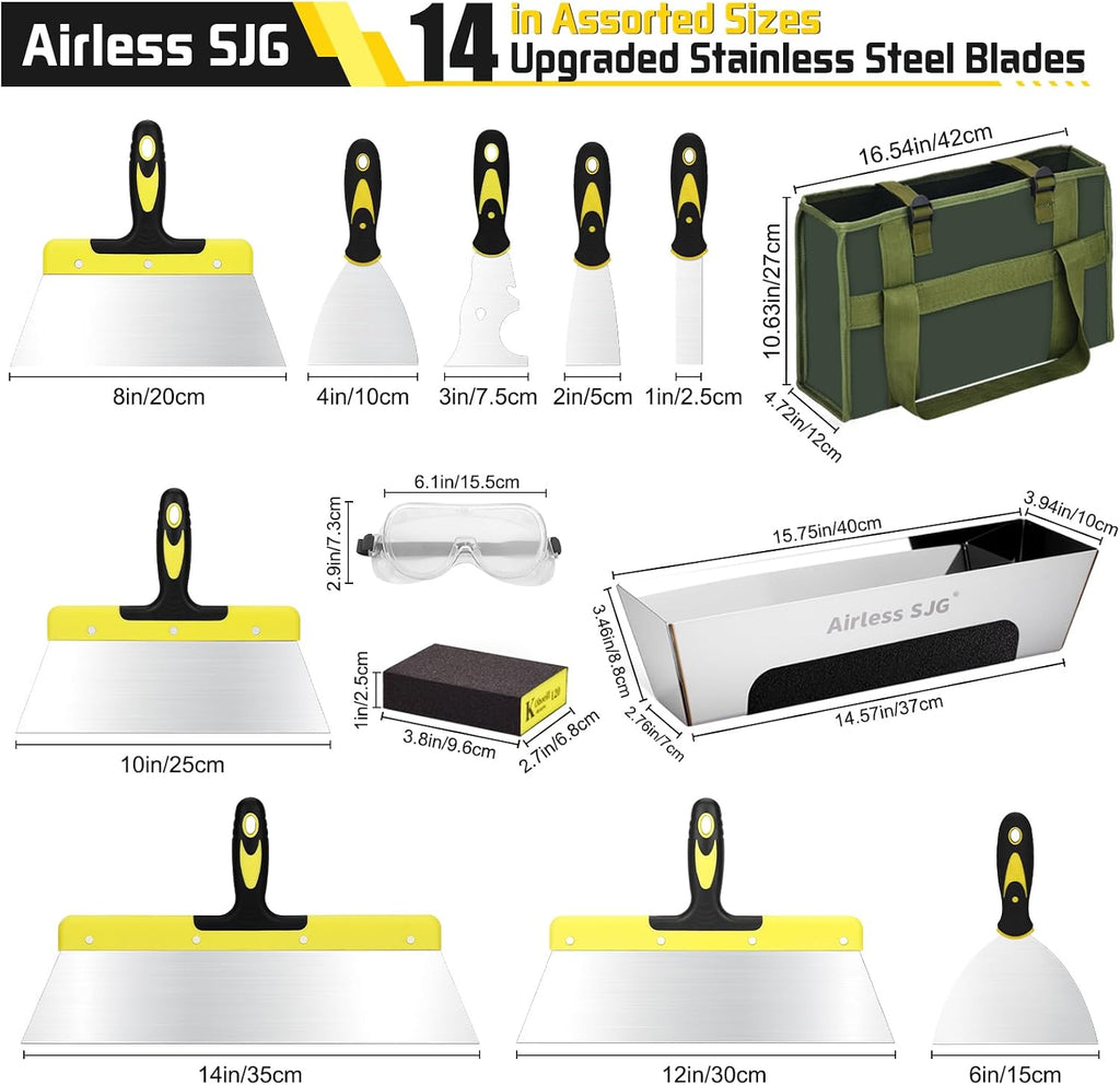 14-Piece Drywall Knife Set, Stainless Steel with Mud Pan | 14 pcs drywall tools: putty knives, taping knives, 14" mud