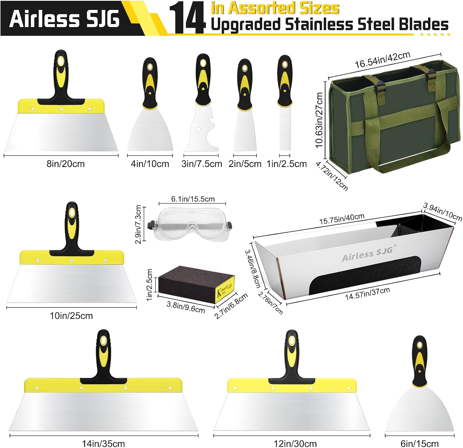 14-Piece Drywall Knife Set, Stainless Steel with Mud Pan | 14 pcs drywall tools: putty knives, taping knives, 14" mud