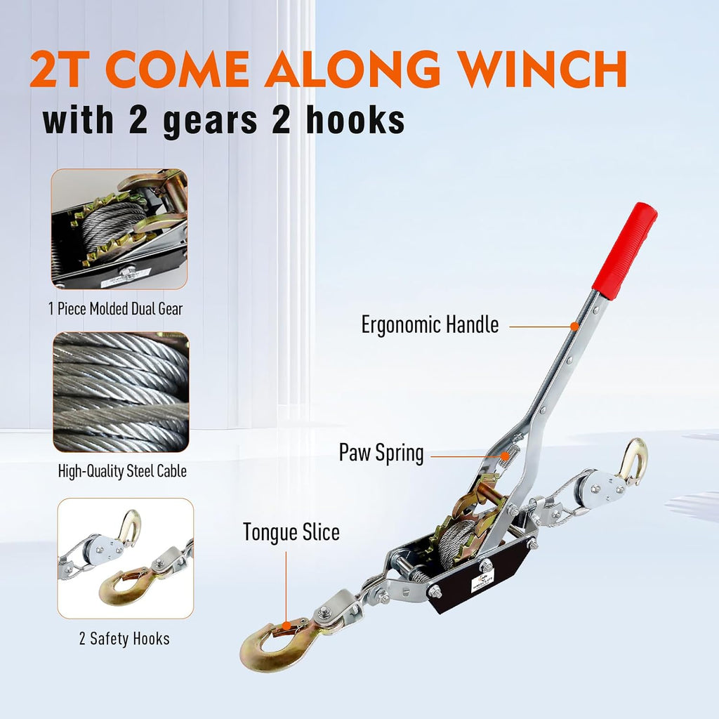 Come Along Winch,2 Ton(4410 Lbs) Capacity with 6.6FT Steel Cable 2 Hooks | Hand Winch Cable with Dual Gears, Power