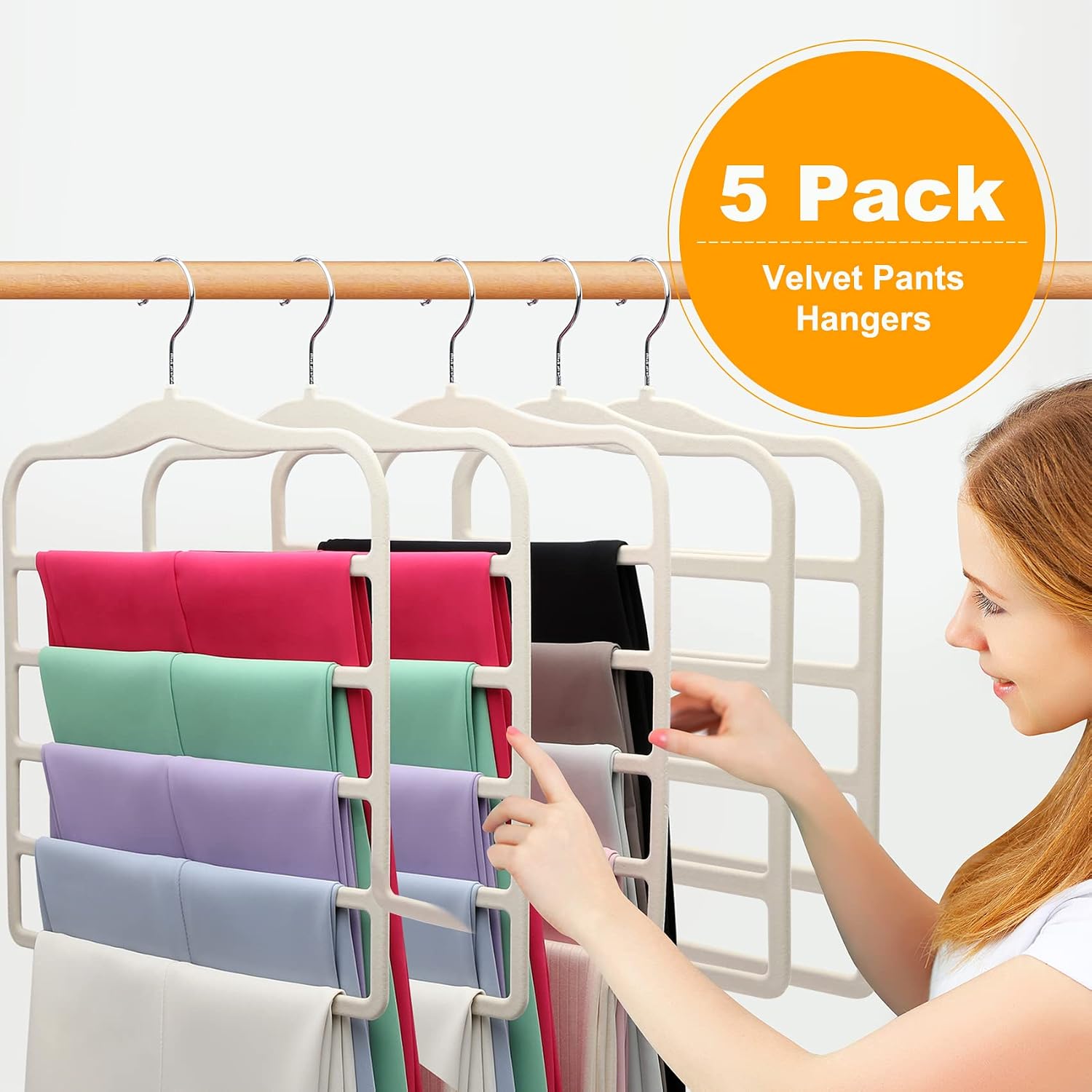 Closet Organizers and Storage, 5 Pack Velvet Pants-Hangers-Space-Saving | Non Silp 5 Tier Clothes-Hanger for
