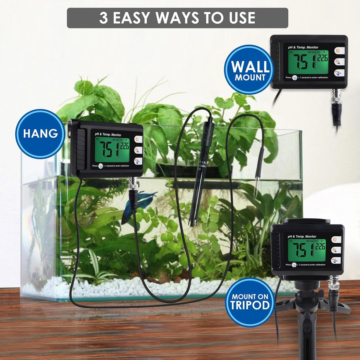 Digital Combo pH & Temperature Meter, Aquarium Thermometer pH Monitor with Automatic Calibration Function for Fish