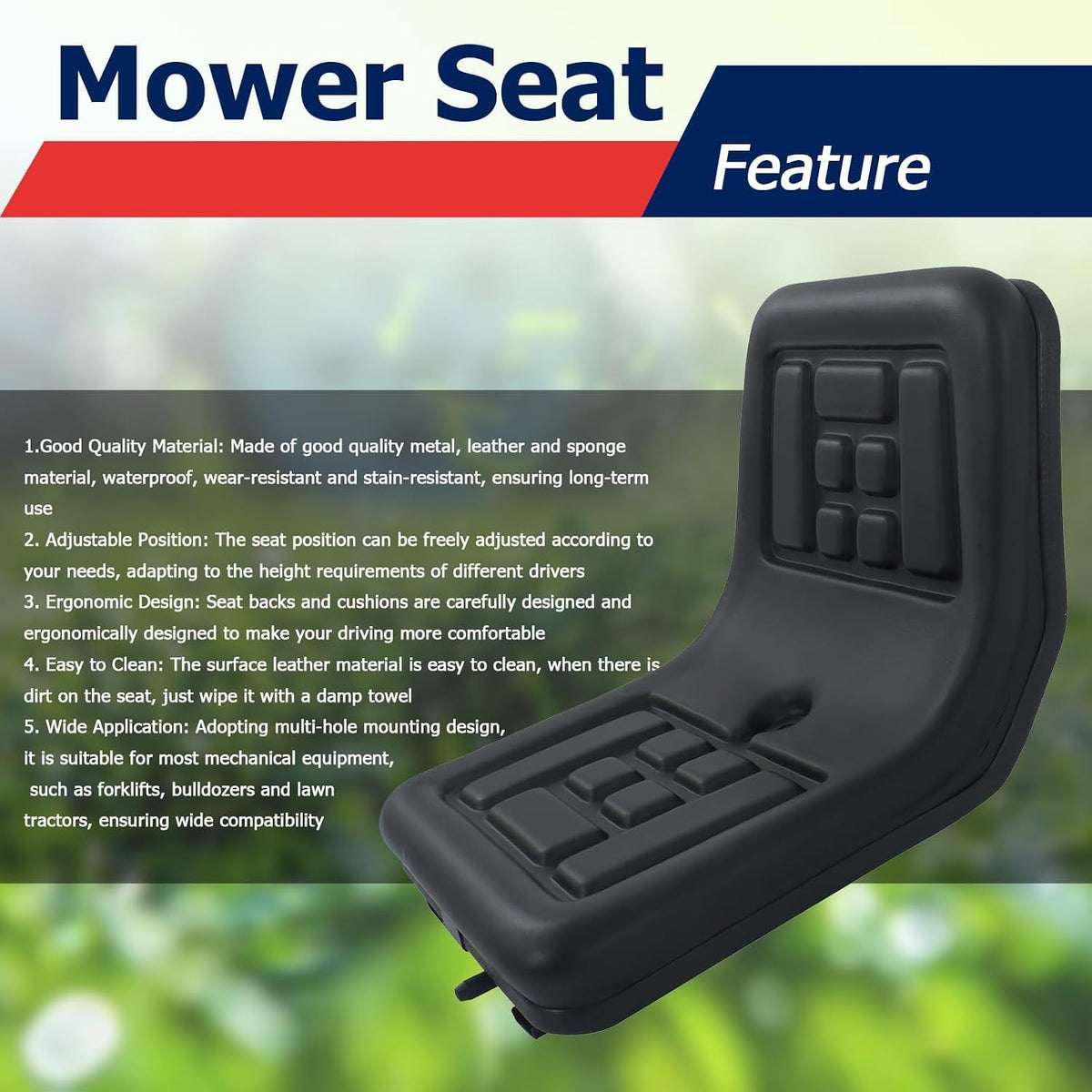 Universal Compact High Back Lawn Tractor Seat, Adjustable Seat | Black Mower Seat With Mounting Bolt Patterns, With