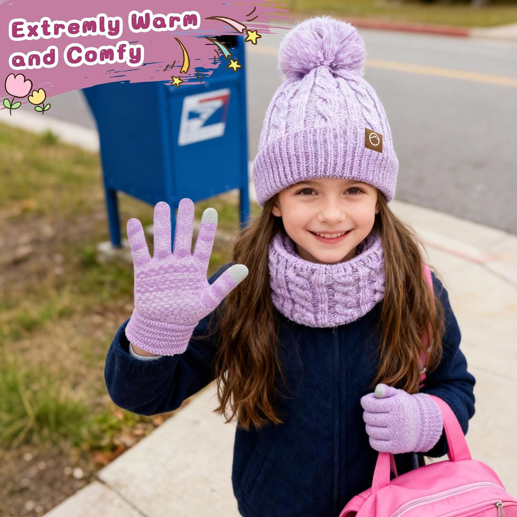 Kids Winter Hat Gloves Scarf Set, Girls Boys Hats Beanie with Pom Children Knit Neck Warmer Mittens Fleece Lined Set