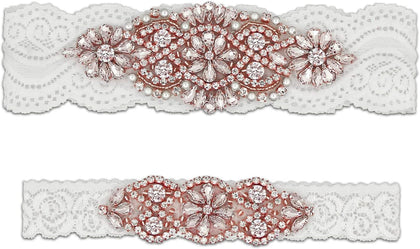 Wedding Garters for Bride with Non-Slip Silicone, Lace Bridal Garter Set with Clear Rhinestones Crystal Pearl