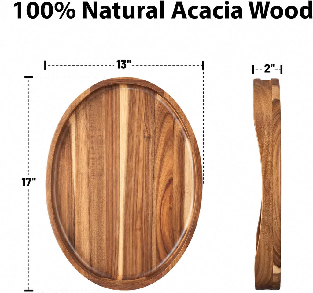 Acacia Wood Serving Tray with Handles - 17"x13" Round, Decorative Ottoman Tray for Living Room, Coffee Table