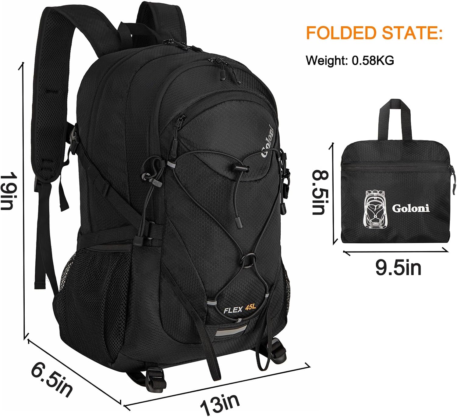45L Hiking Backpack Lightweight Foldable, Waterproof Camping Backpack with Rain Cover & Hiking Pole Mat Carrying