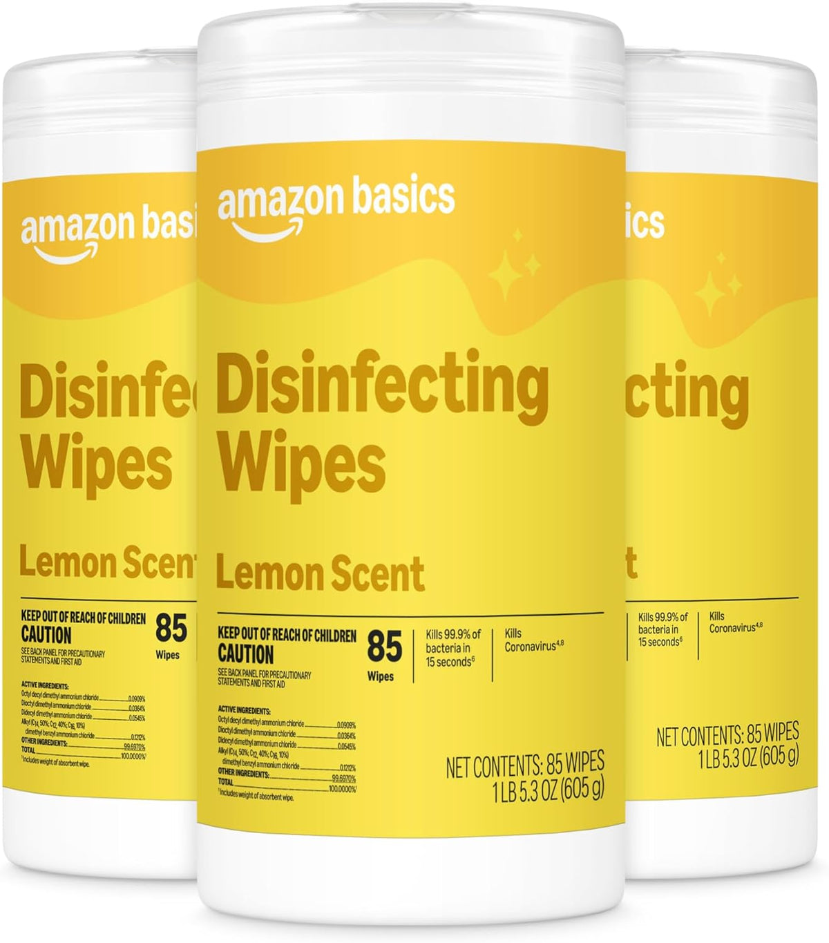 Amazon Basics Disinfecting Wipes, Lemon Scent, for Sanitizing, Cleaning & Deodorizing, 255 Count (3 Packs of 85)
