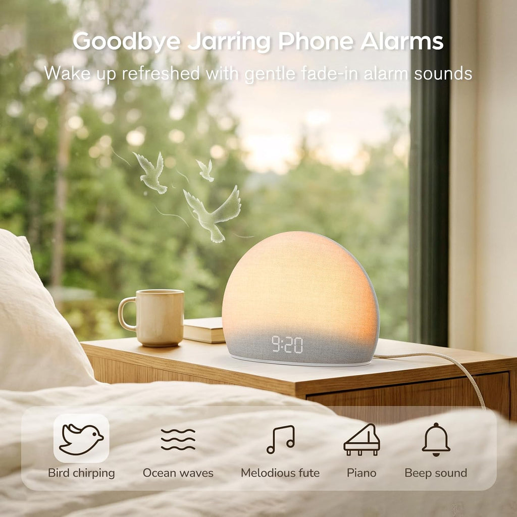 Sunrise Alarm Clock with White Noise Sound Machine for Bedroom | Wake-Up Light, 5 Gentle Alarm Sounds, 20 Soothing