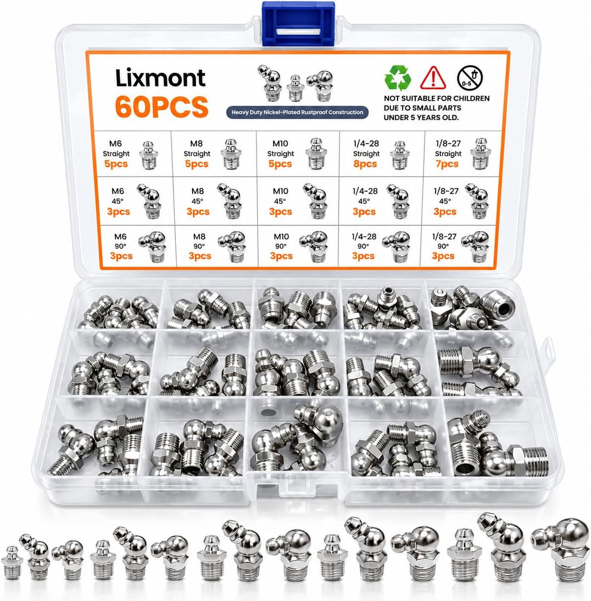 Grease Fittings Assortment 60PCS, SAE & Metric Zerk Grease Fittings