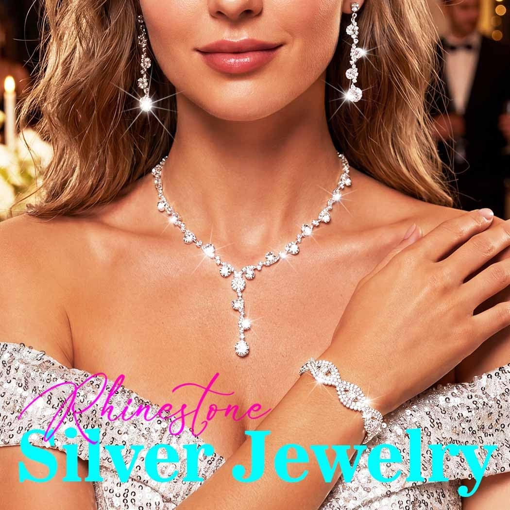 Rhinestone Jewelry Set Bridal Necklaces Clip On Earrings Set Wedding Prom Jewelry Accessories for Women
