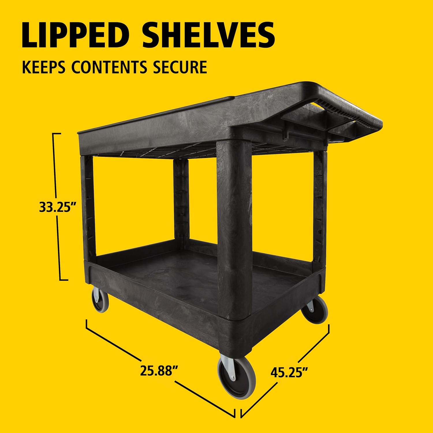 2-Shelf Utility/Service Cart, Medium, Black, Lipped Shelves, Ergonomic Handle, 500 lbs. Capacity, for