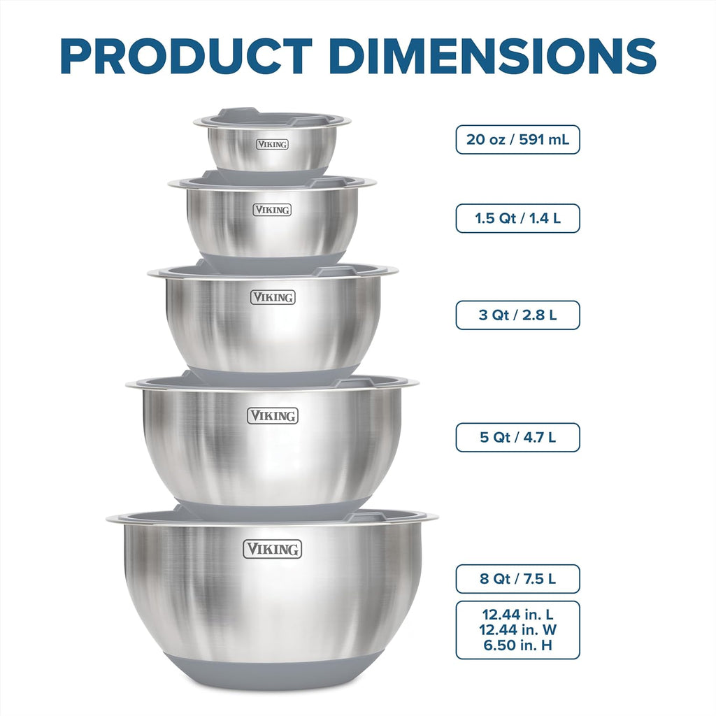 Mixing Bowls Set, 10 Piece Stainless Steel Kitchen Cookware, Non-Slip Silicone Base, Includes Tight Fit Lids