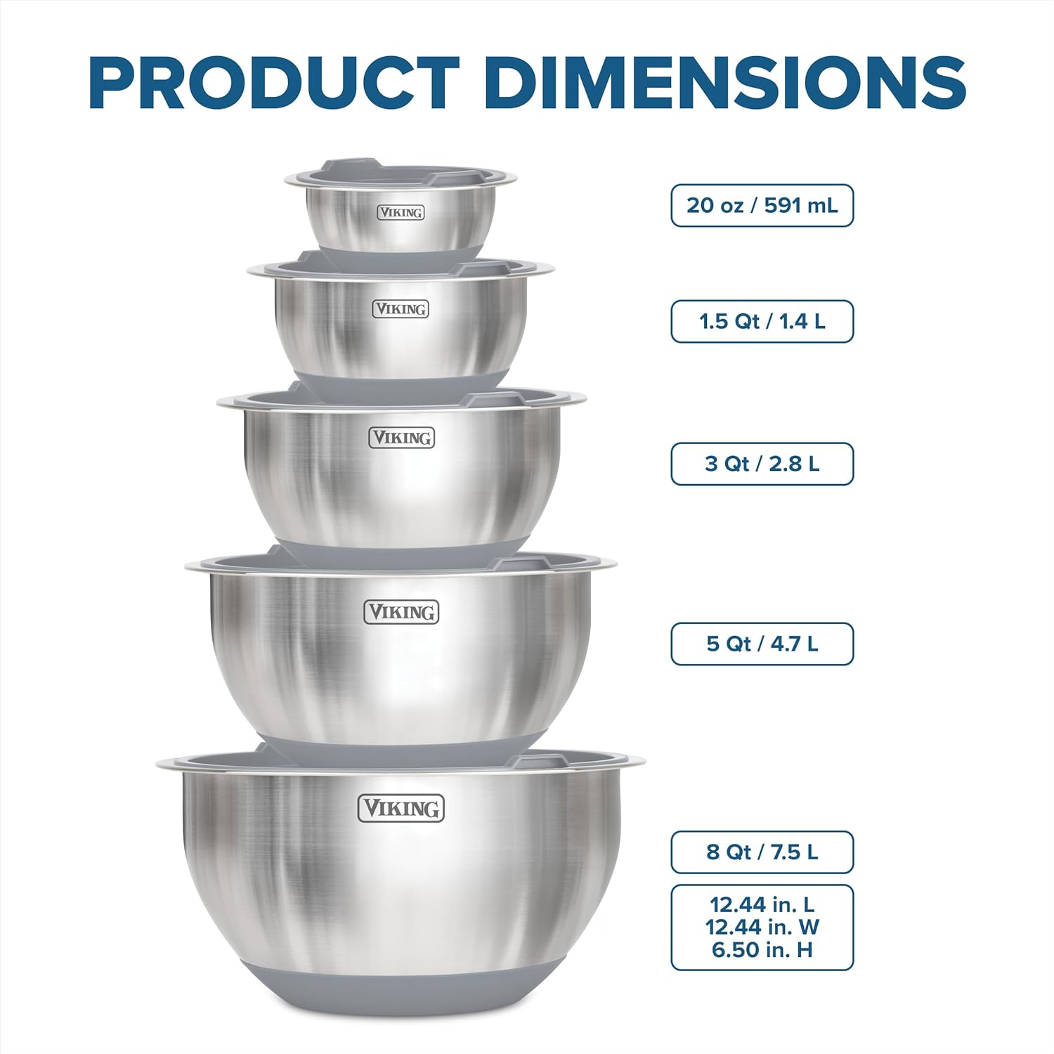 Mixing Bowls Set, 10 Piece Stainless Steel Kitchen Cookware, Non-Slip Silicone Base, Includes Tight Fit Lids