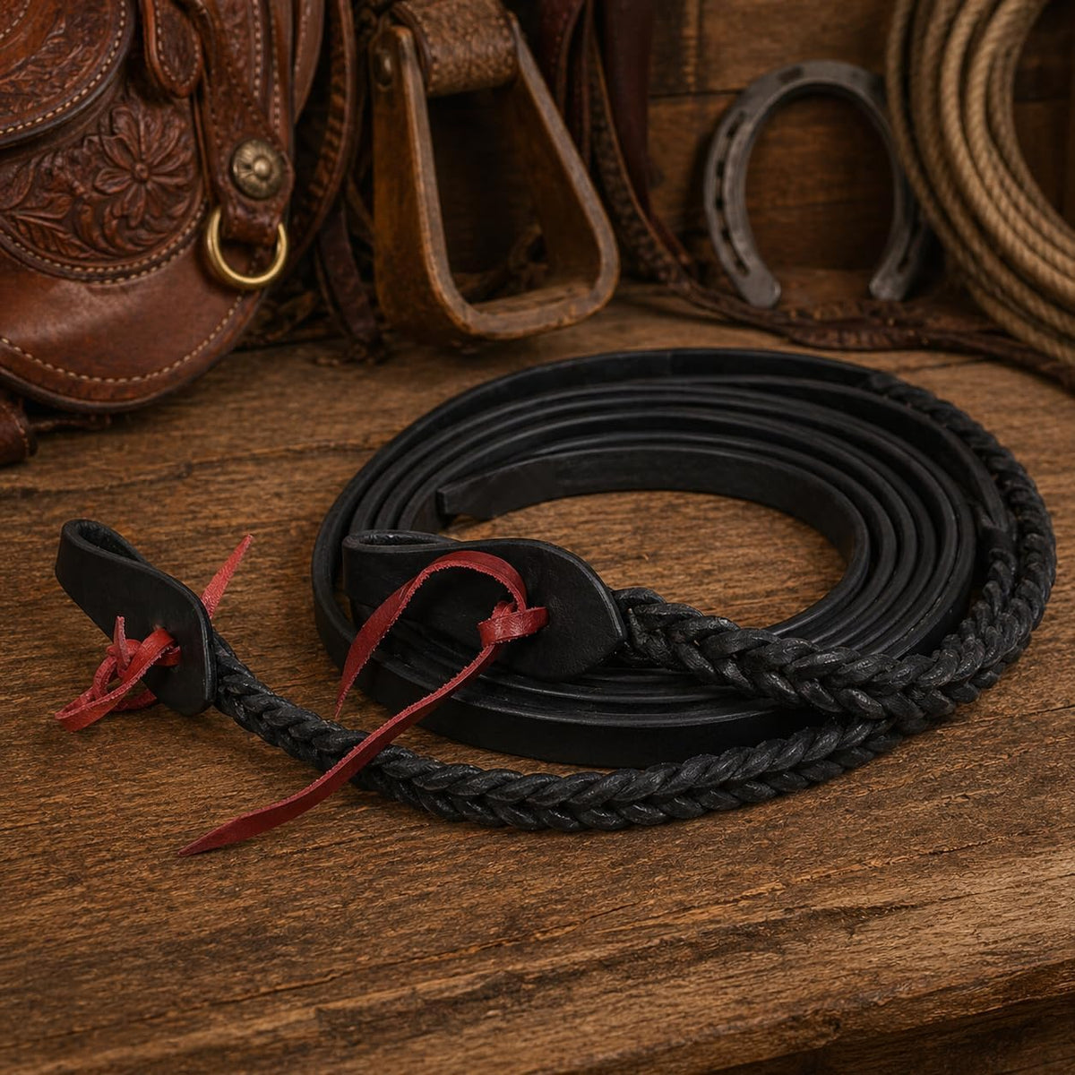 Horse Western 8 Feet Leather Braided Leather Split Reins 66RT49