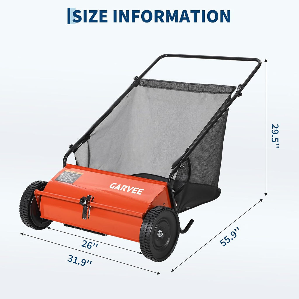 Push Lawn Sweeper 26Inch-Heavy Duty Walk Behind Leaf Collector and Yard Sweeper for Outdoor,Patio,Driveway,Garden