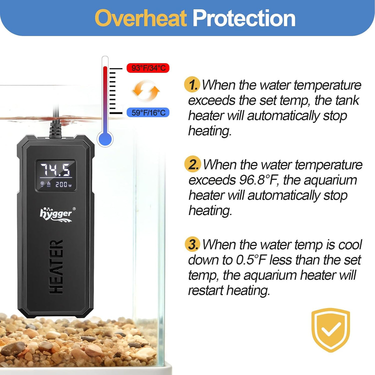 Aquarium Heater, 50W/100W/150W/200W Adjustable Power Fish Tank Heater with Auto Power-Off and High-Temp Protection