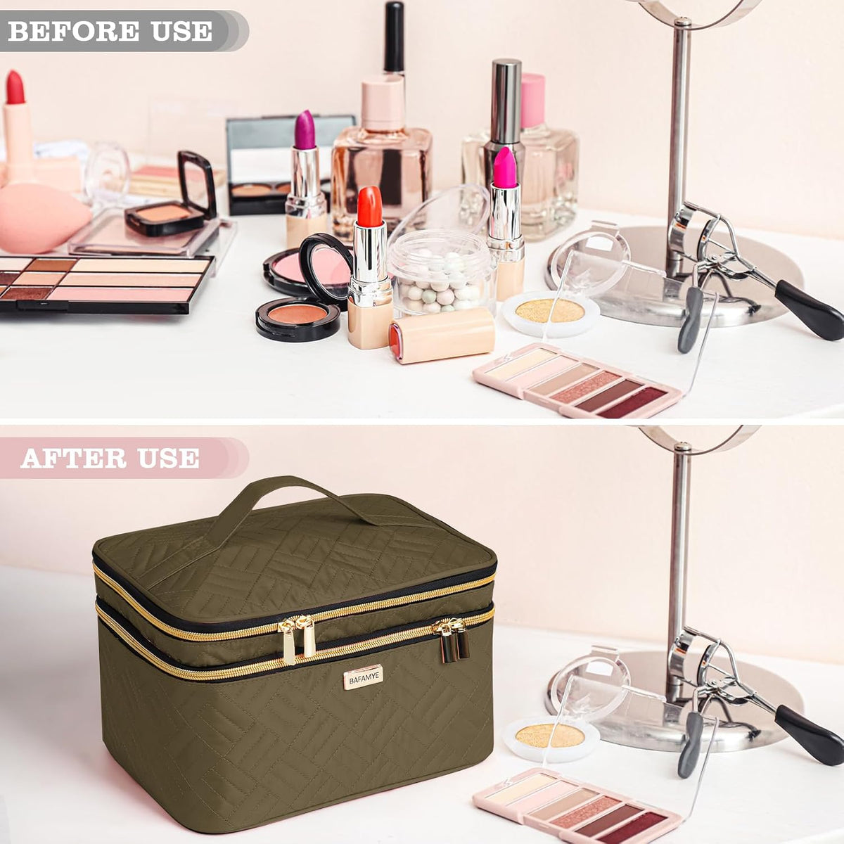 8.8L Double Layer Travel Makeup Bag With Mirror For Women, Large Cosmetic Case, Organizer for Travel-Size Accessories