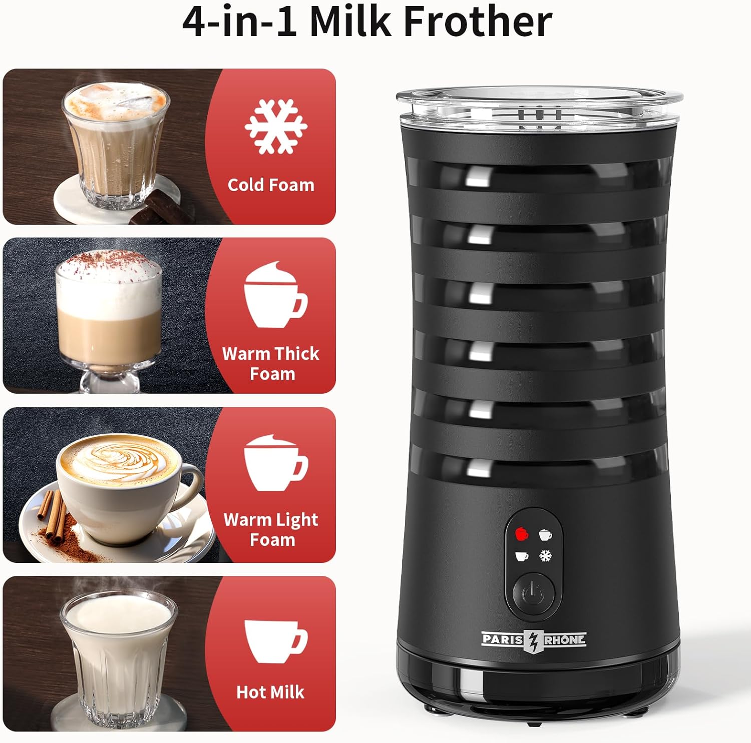 Electric Milk Frother, Paris Rhône 4-in-1 Milk Steamer and Frother, Hot & Cold Foam Milk Warmer with Temperature