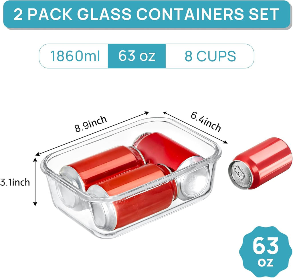 2Pack 1860ml/63oz Large Glass Storage Containers with Lids, Meal Prep Food Container Set with Snap Airtight Lid for
