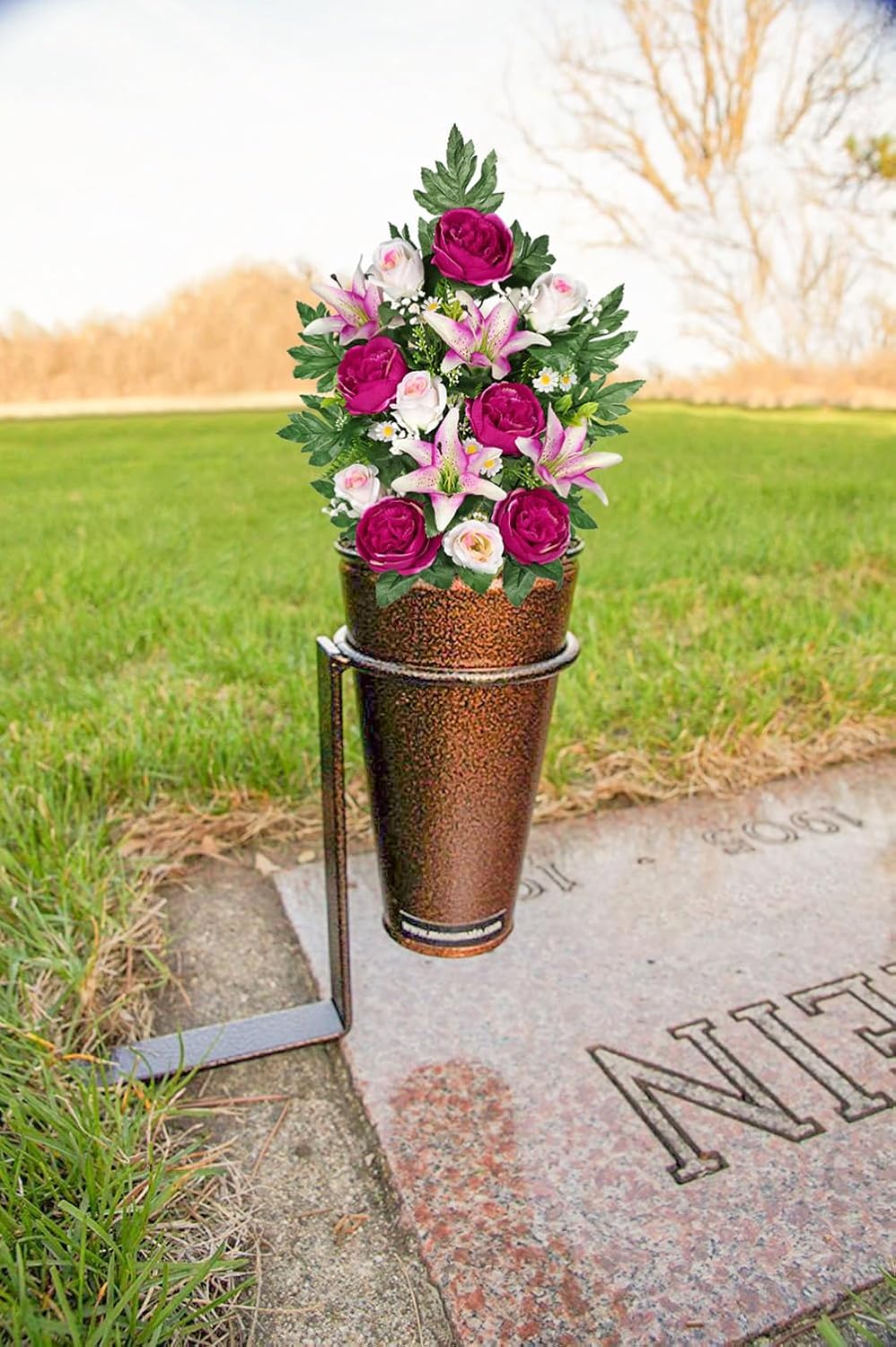 2 Set Artificial Cemetery Flowers for Grave, Silk Sympathy Grave Flowers Bouquet Fake Rose Peony Lily Floral