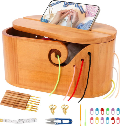 Large Wood Yarn Bowl with Lid, Crochet Yarn Holder with 7pcs Knitting Hooks, No-Tangle Design, Yarn Storage Crochet