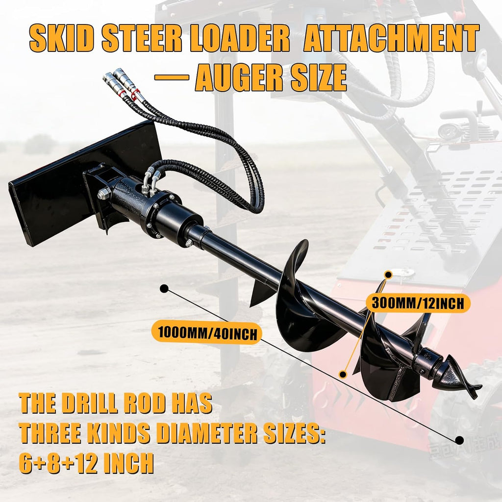 Mini Skid Steer Loader Auger Attachments, Hydraulic Auger with 6"/8"/12" Drill Bits, Heavy Duty Skid Steer Attachment