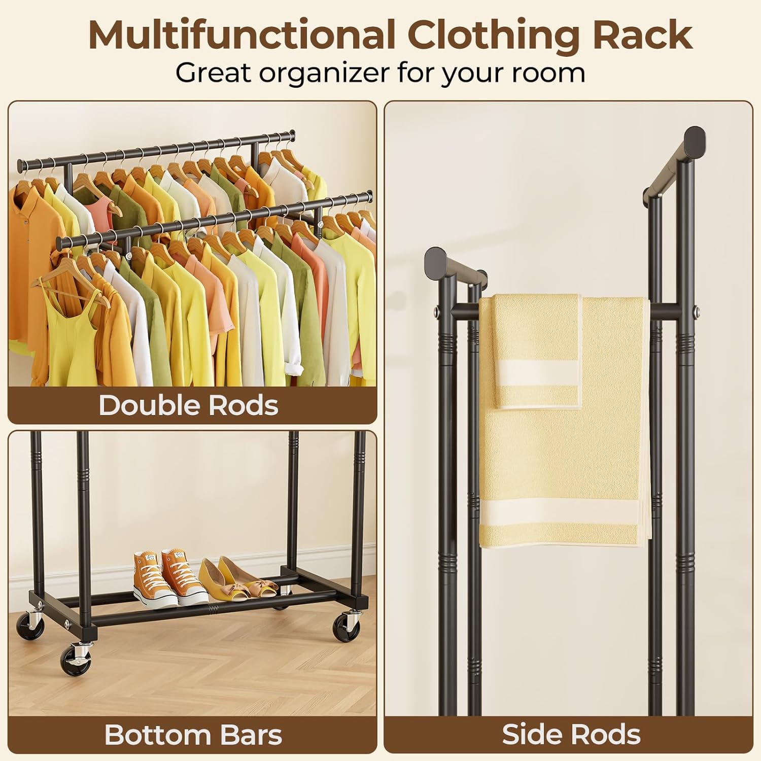 Double Rods Clothes Rack, Rolling Clothing Rack for Hanging Clothes Portable Wardrobe Rack, Metal Garment Rack Sturdy