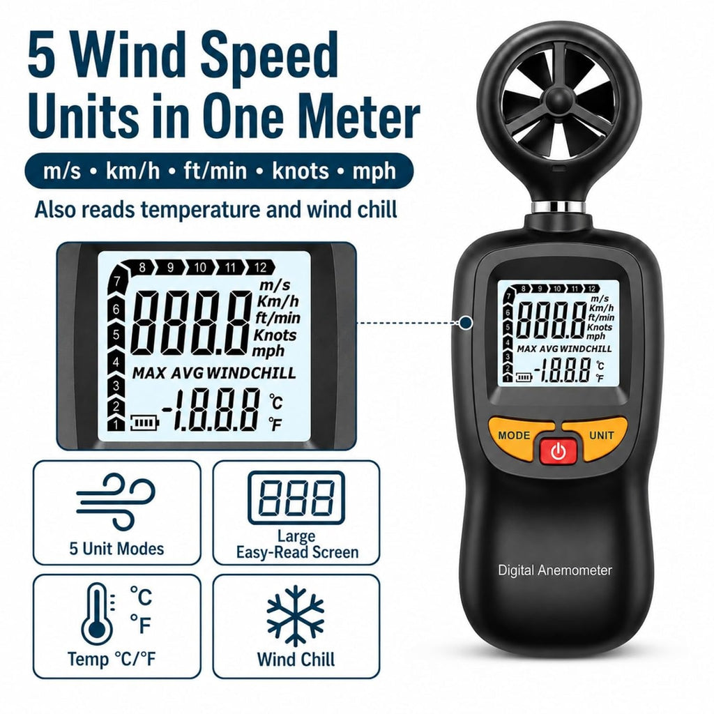 Digital Anemometer HVAC,Air Flow & Wind Speed Meter with Temperature
