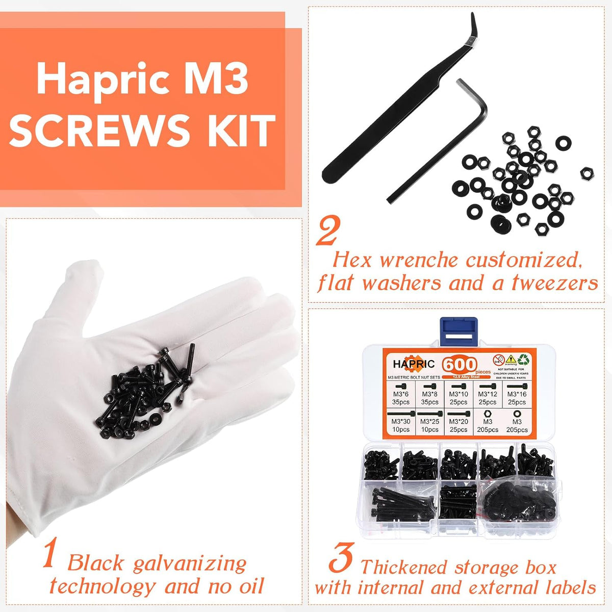 Hapric 600 Pcs M3 Screws Assortment Kit, M3x 6-30MM Bolts Kits