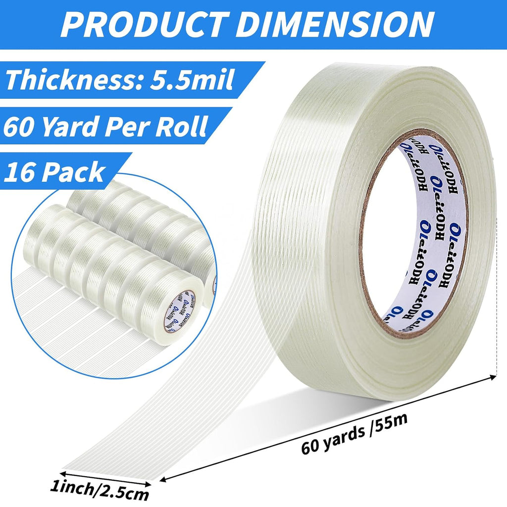 16 Rolls Strapping Tape 1 Inch x 60 Yards 5.5 Mil Fiberglass Tape