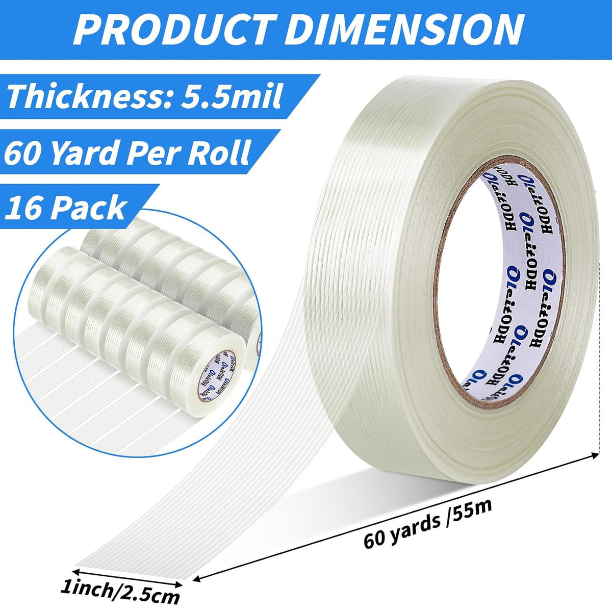 16 Rolls Strapping Tape 1 Inch x 60 Yards 5.5 Mil Fiberglass Tape