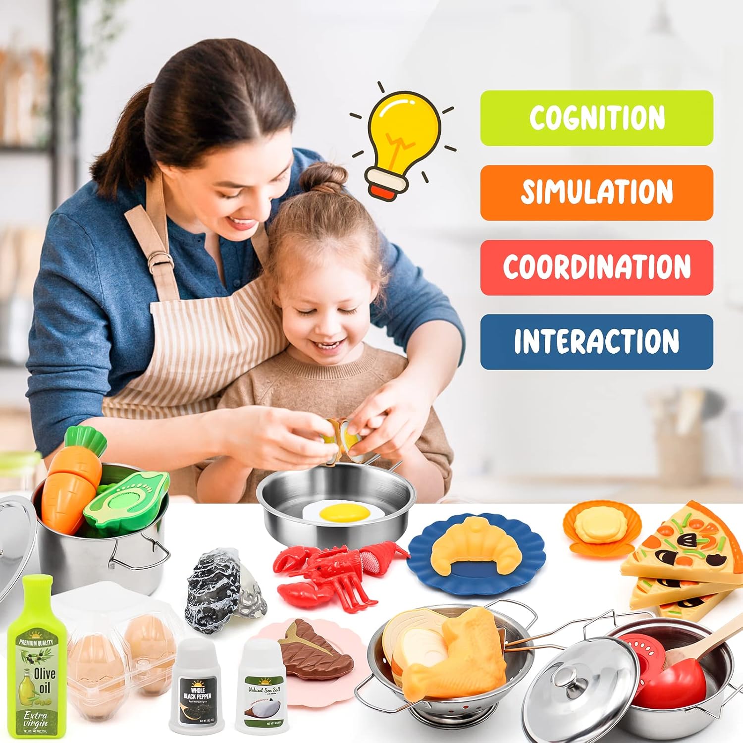 Kids Pretend Play Kitchen Accessories Set, 38Pcs Stainless Steel Play Pots Pans Sets for Kids, Toy Cookware Cooking