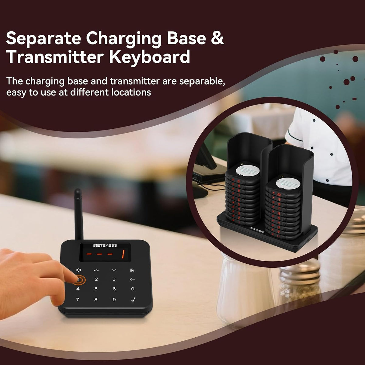 TD186 Restaurant Pager System, 600M Anti-tip Pagers, 20 Buzzers