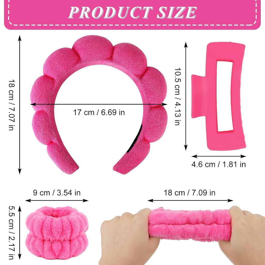 Pink Rose Red Spa Headband And Wristband Set Skincare Headband For Washing Face Hair Claw Clips For Thick Hair Cute