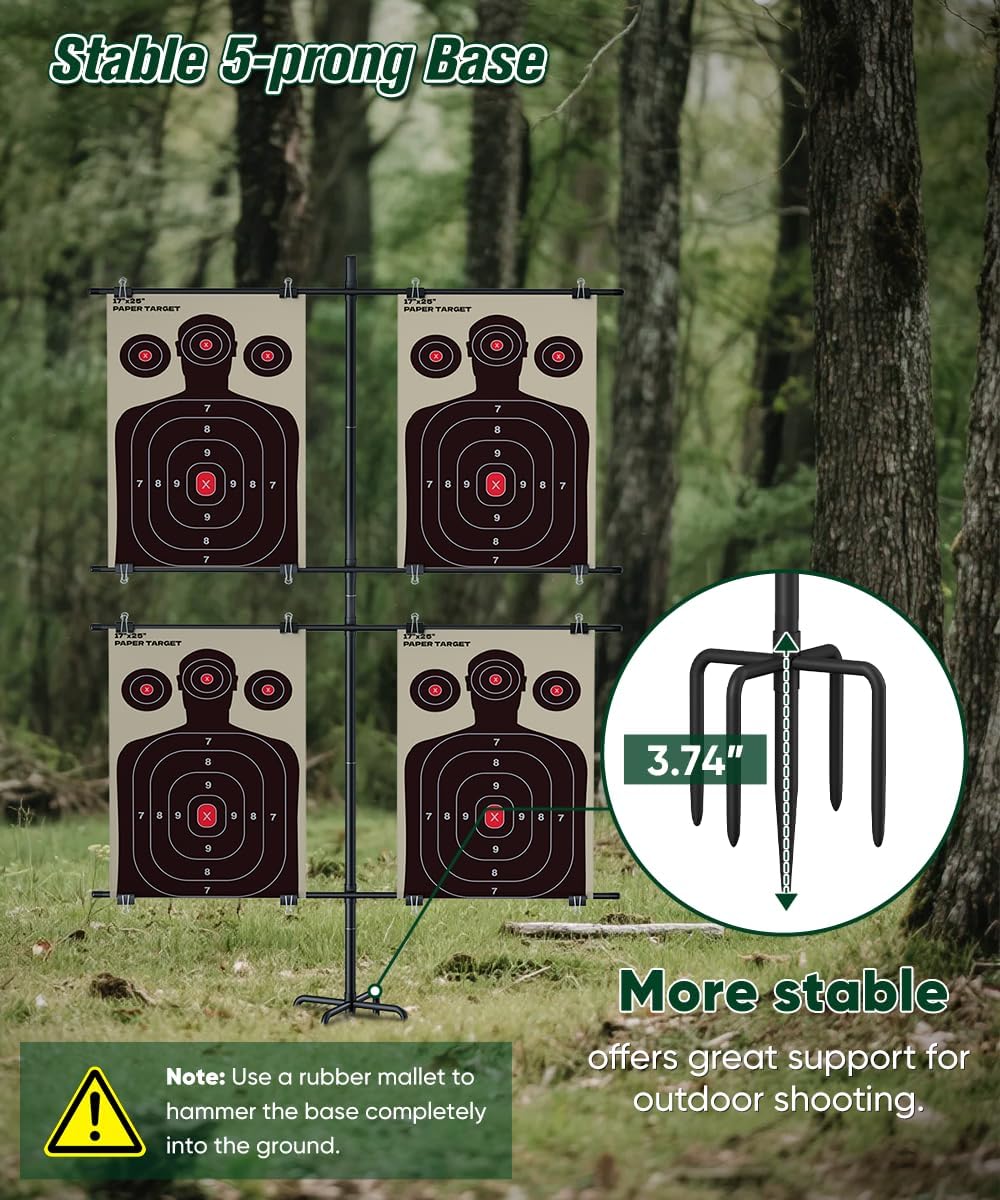 Adjustable 5-Prong Base Shooting Target Stand, Portable Steel Target Holder with 16 Clips & Target Paper, Hunting &