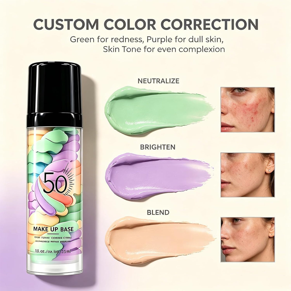 Face Primer SPF50 PA+, Color Correcting Makeup Primer, Sunscreen Face Cream