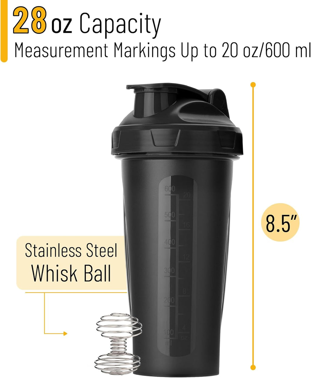 Shaker Bottles for Protein Mixes, 28 oz, Leak Proof | Shaker Cups with Stainless Steel Wire Whisk Ball for Protein