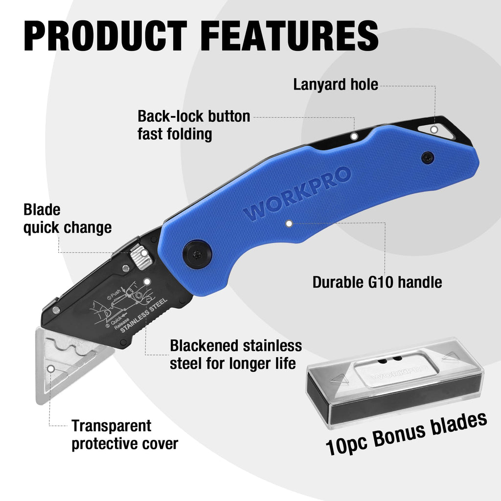 Folding Utility Knife G10 Handle with Stainless Steel Head, Quick-change Blade & Back Lock, Heavy Duty Box Cutter