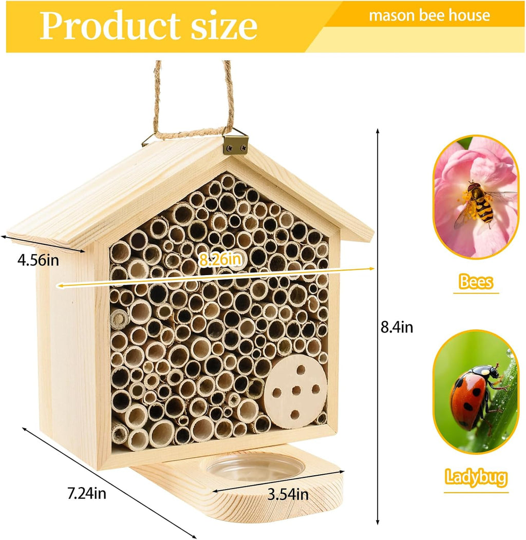 Mason Bee House with Feeding Trays, Natural Pine Wood Hanging Bee Hive