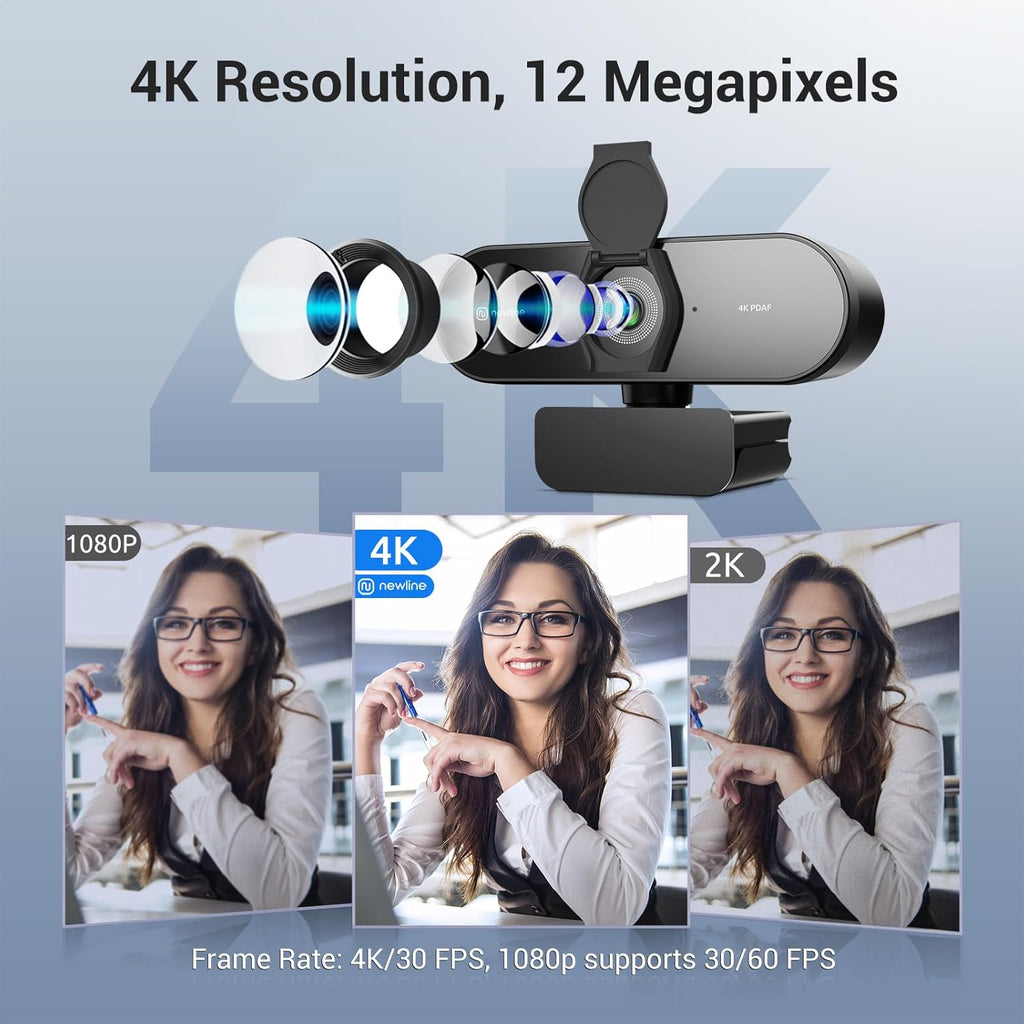 4K Webcam for PC with PDAF Autofocus, Privacy Cover, Dual Microphones, 4K@30FPS & 1080P@60FPS, Auto Light Correction