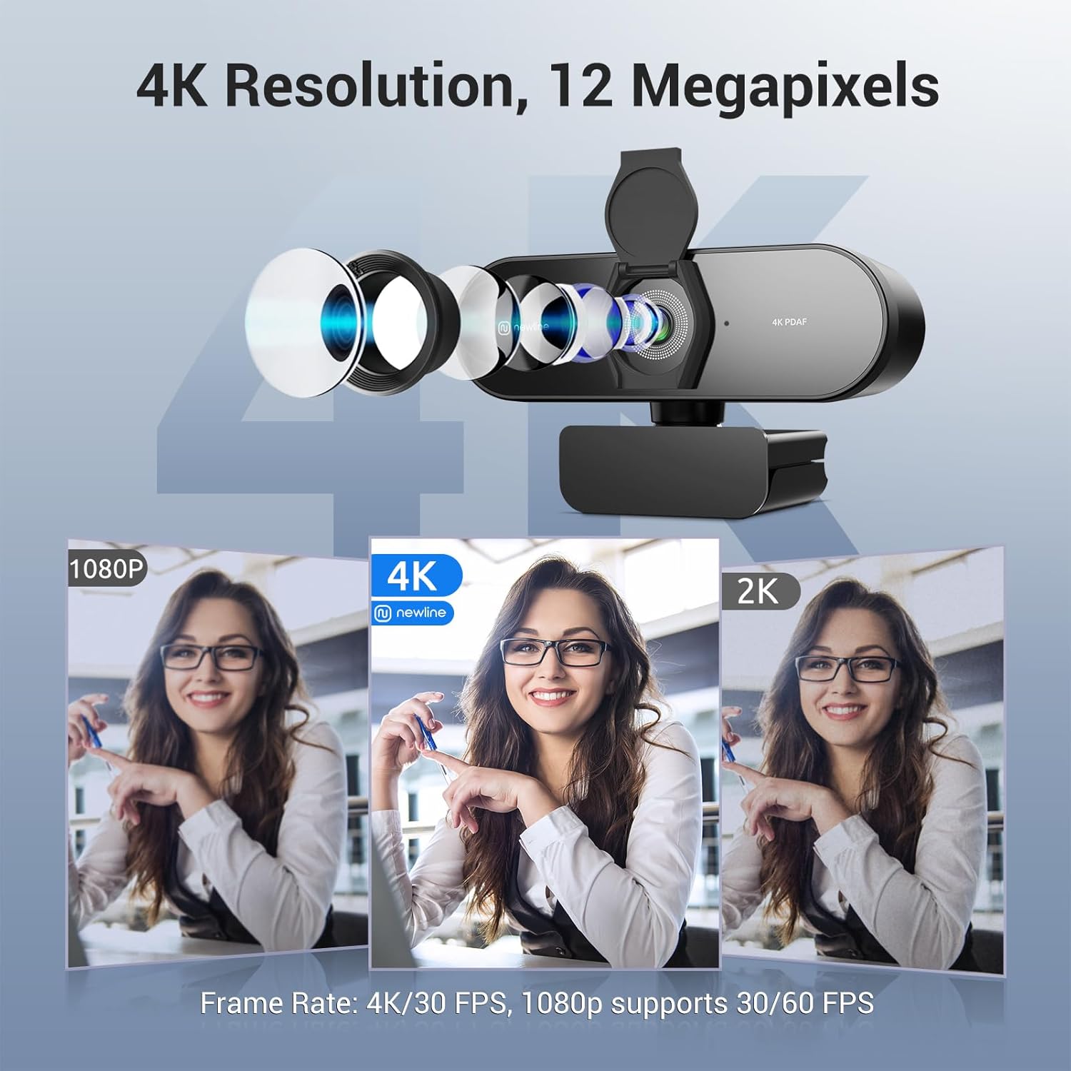 4K Webcam for PC with PDAF Autofocus, Privacy Cover, Dual Microphones, 4K@30FPS & 1080P@60FPS, Auto Light Correction