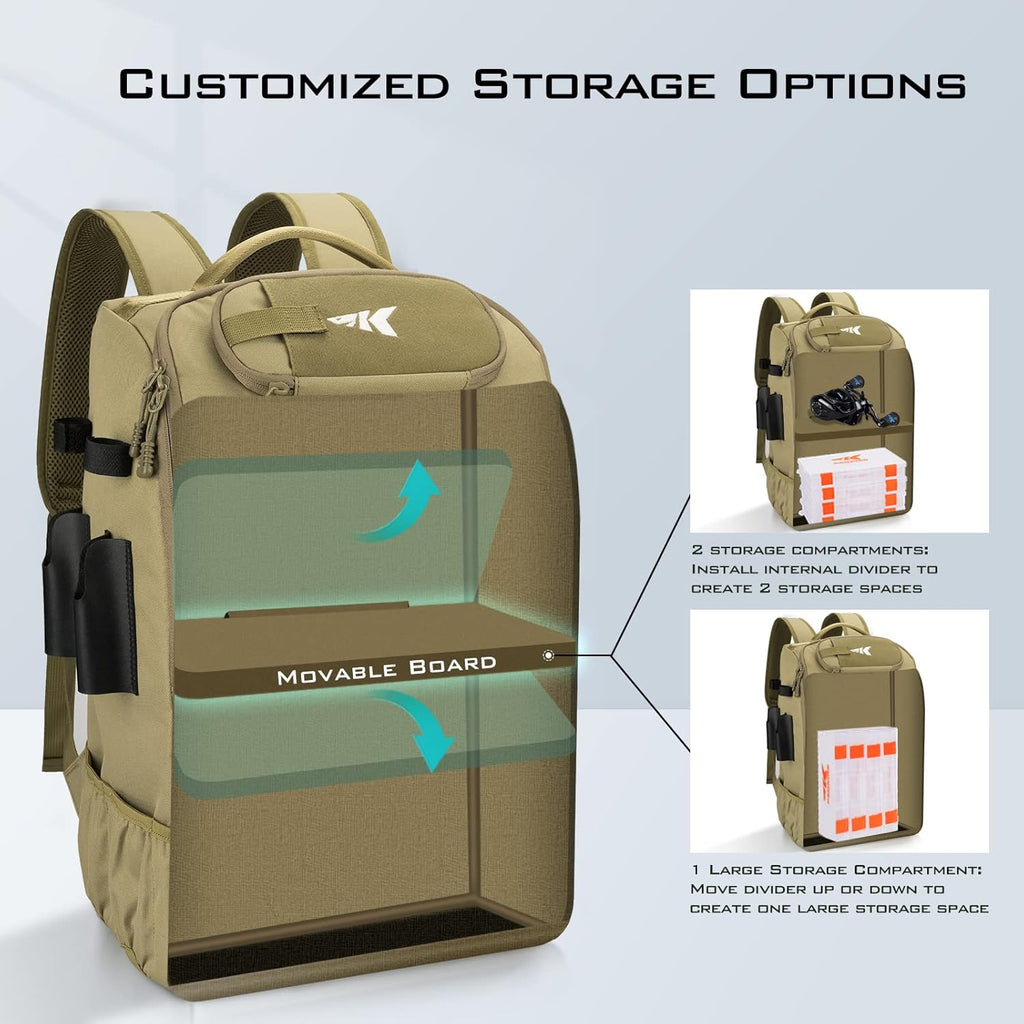 KarryAll Fishing Backpack with Rod Holder 4 Tackle Boxes, 40/26L | Tackle Bag Storage Fishing Gear and Equipment