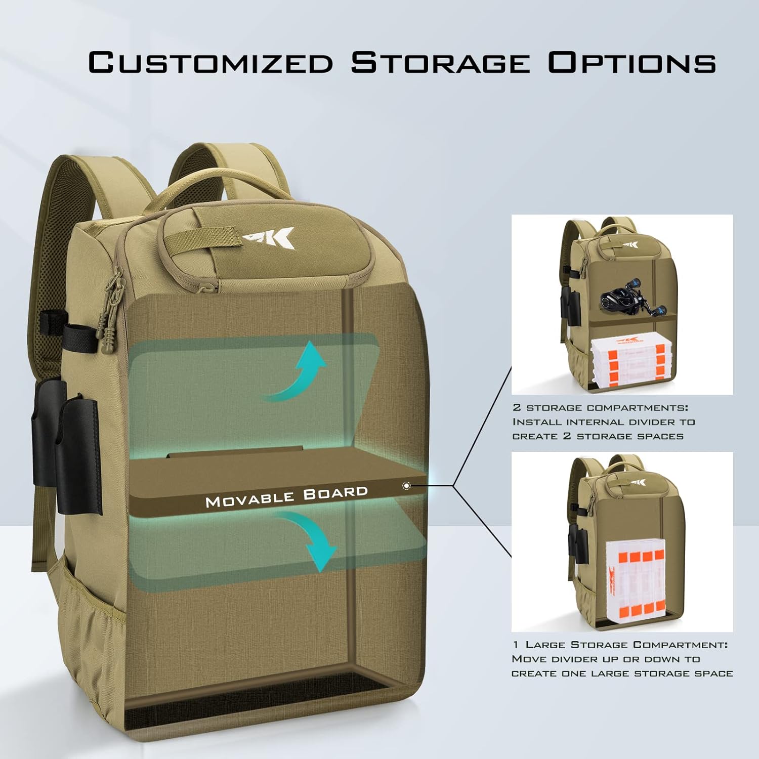 KarryAll Fishing Backpack with Rod Holder 4 Tackle Boxes, 40/26L | Tackle Bag Storage Fishing Gear and Equipment