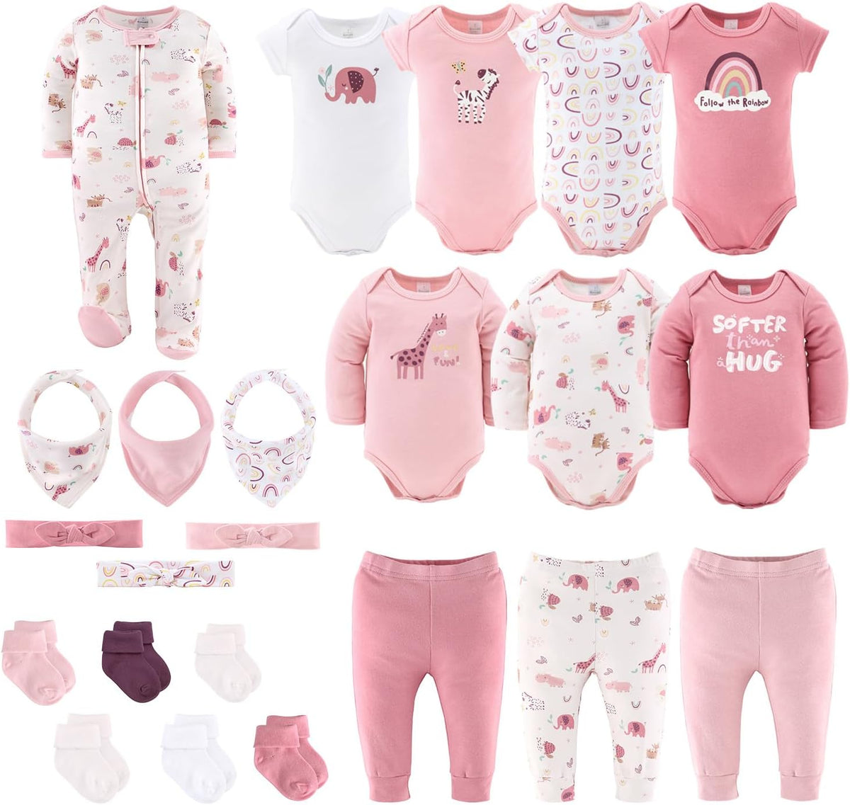 Baby Layette Gift Set for Girls - 23 Piece Newborn Girl Gift Sets, Baby Clothes & Essentials - Rainbow Safari