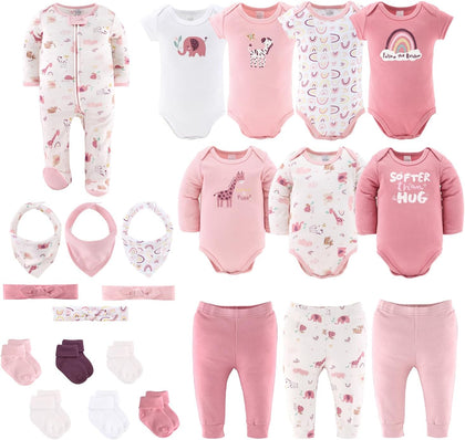 Baby Layette Gift Set for Girls - 23 Piece Newborn Girl Gift Sets, Baby Clothes & Essentials - Rainbow Safari