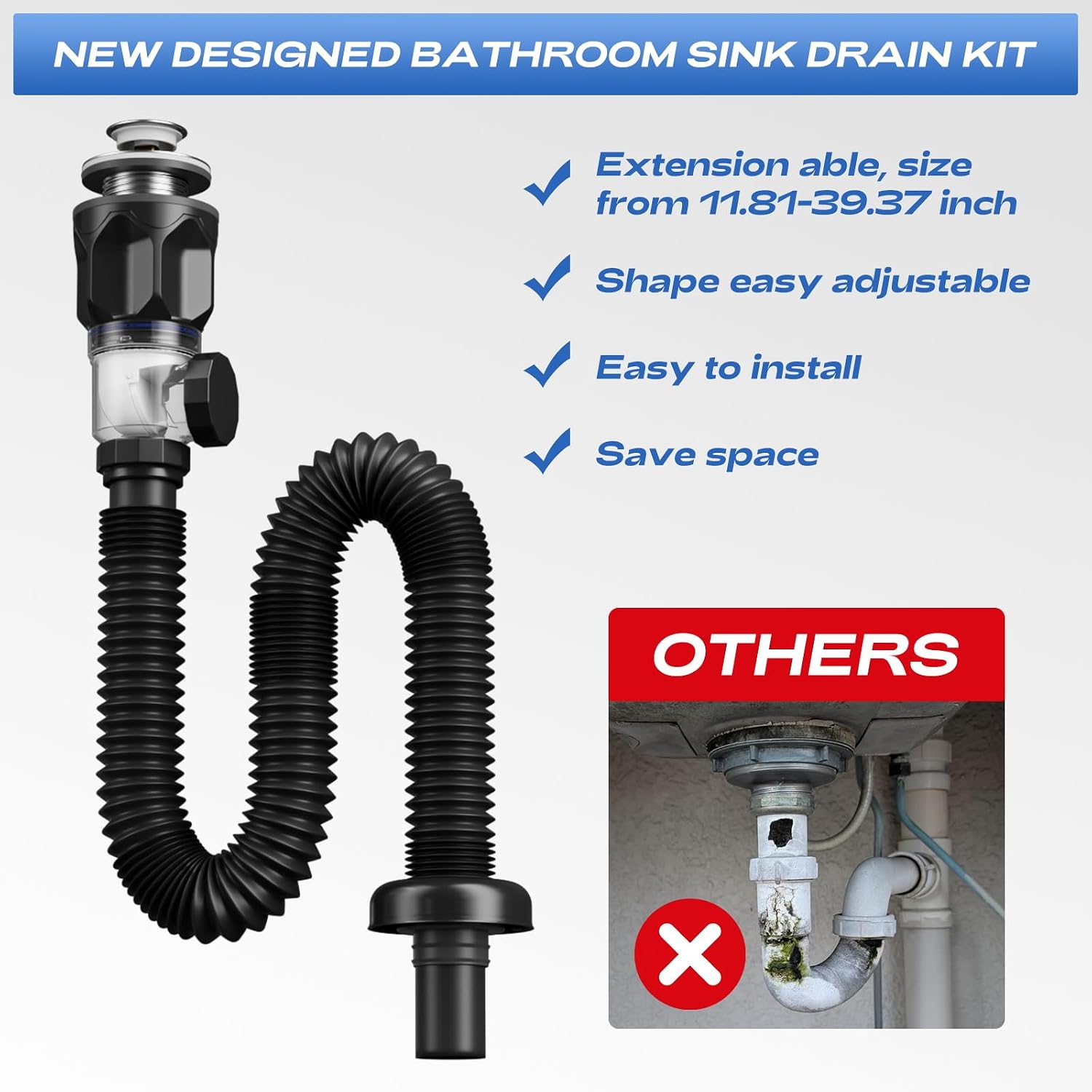 Bathroom Sink Drain Kit with Flexible Expandable P-Trap Sink Drain Pipe Tube Anti-Odor Bathroom Sink Drain Pipe for