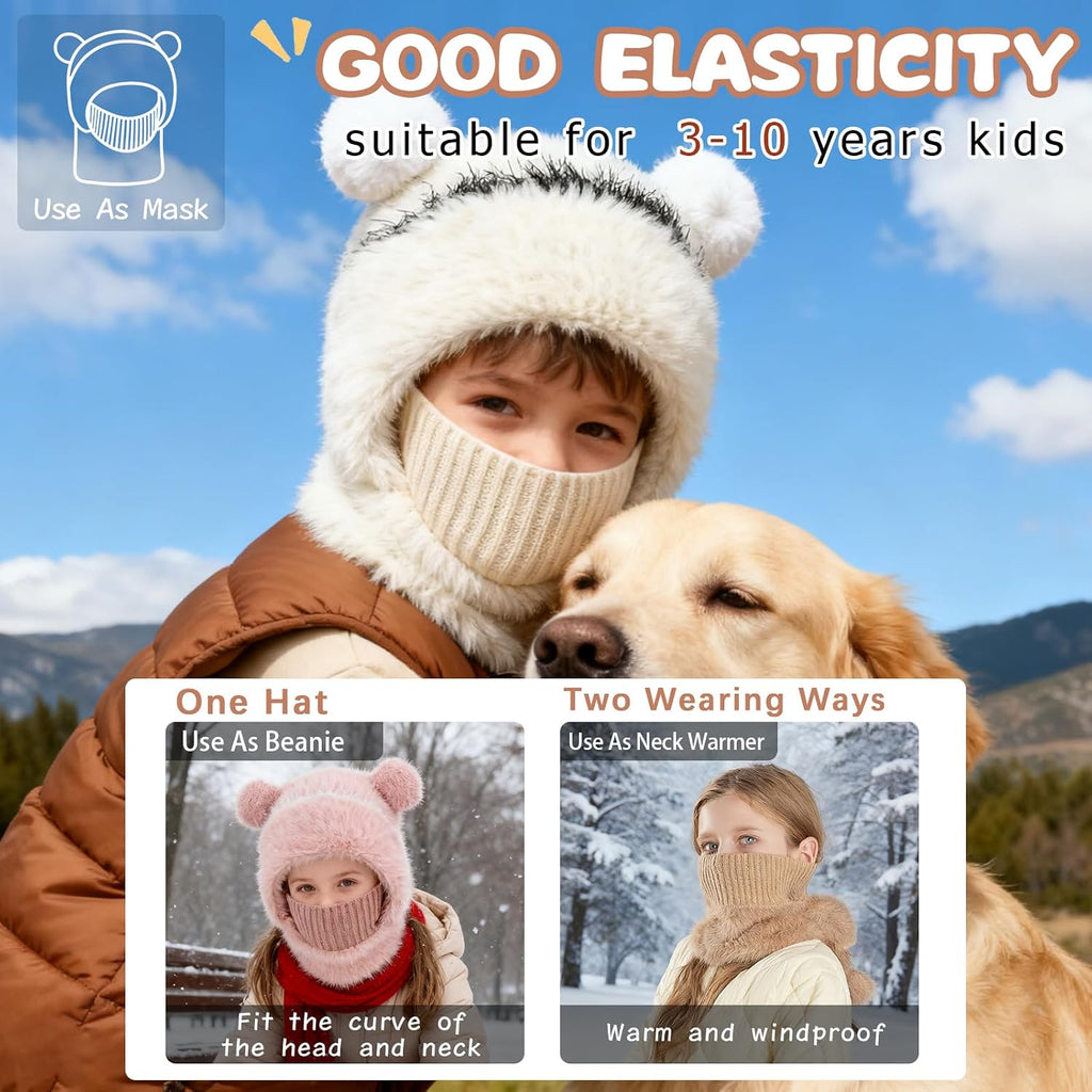 Kids Winter Hat Gloves Scarf Set- Kids Beanie Mask with Cute Bear Pom Warm Fleece- Neck Warmer Fleece Lined Set