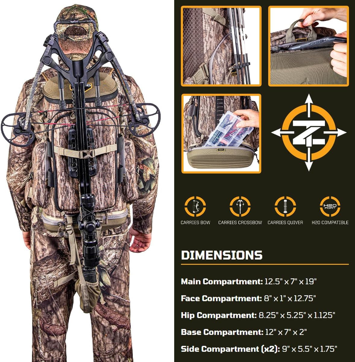 Hangtime Day Pack for Tree Stand Hunting, H2O Compatible EVA-Molded Durable Hunting Backpack with 7 Compartments & 15