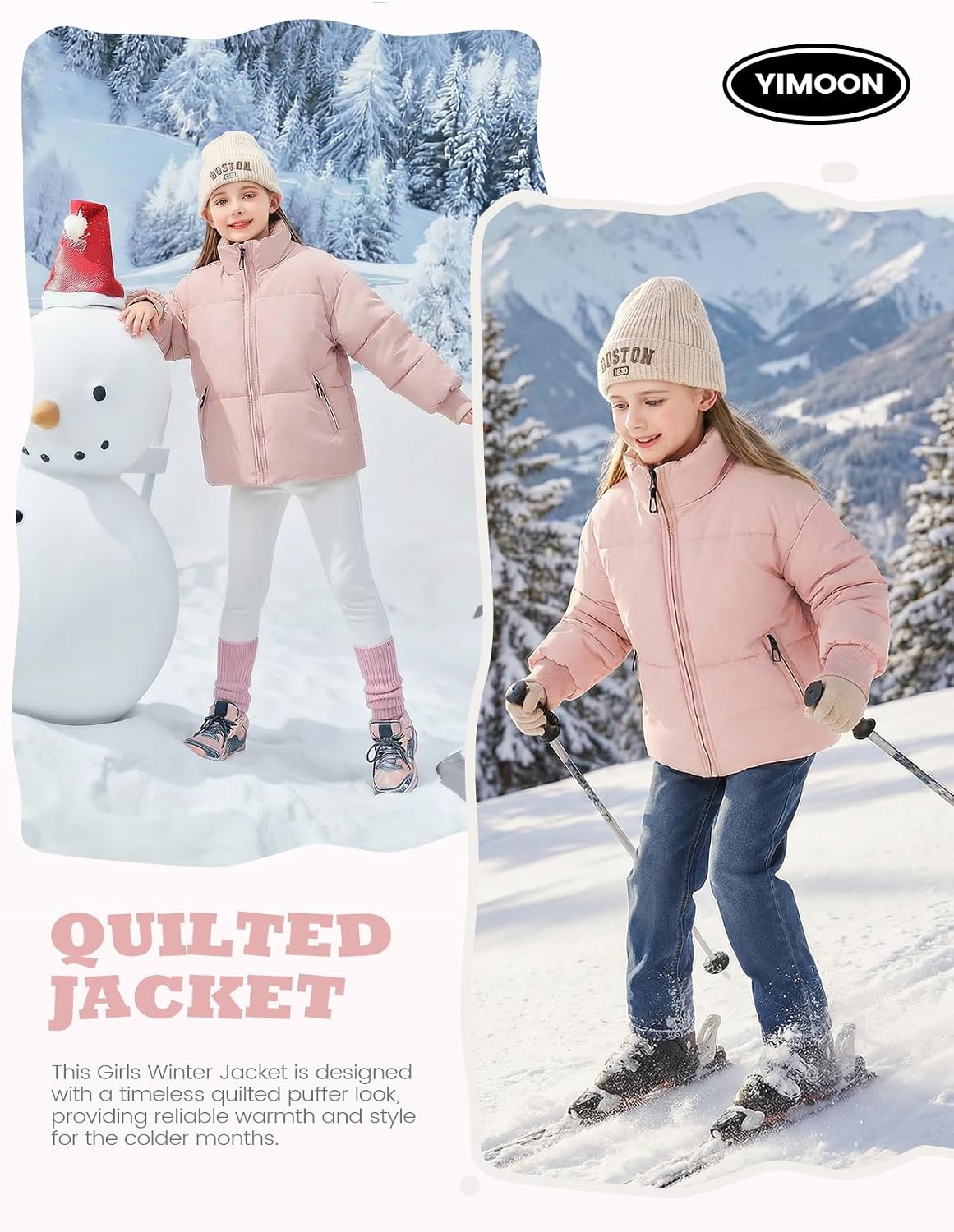 Girls Winter Puffer Jacket Kids Warm Quilted Puffer Coat | Zip Up, Stand Collar, Long Sleeve, Cropped Puffy Jacket